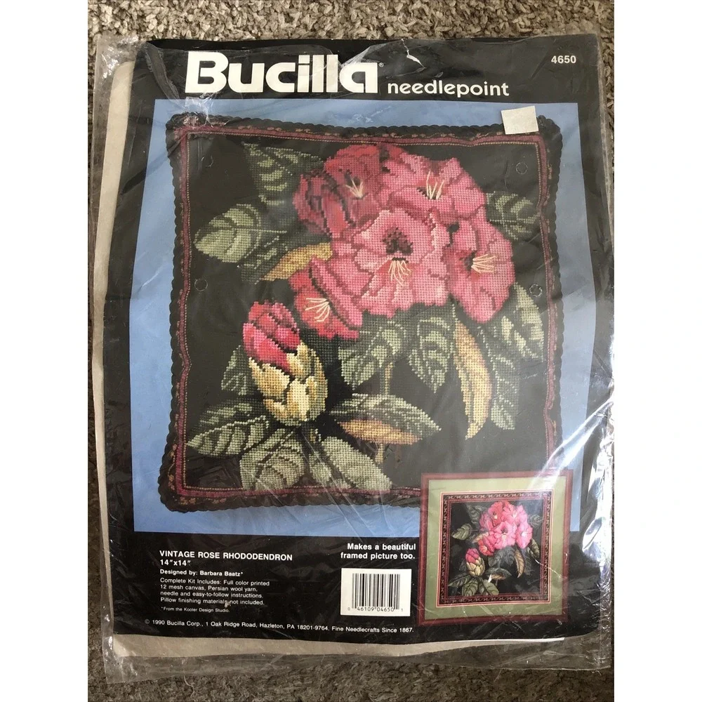 Vtg Bucilla New Needlepoint Pattern & Thread ONLY Rose Rhododendron 14x14 Read